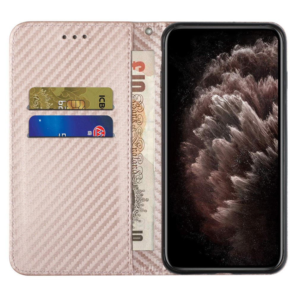 iPhone 15 Pro Leder Tasche Flip Cover Carbon Look - Roségold