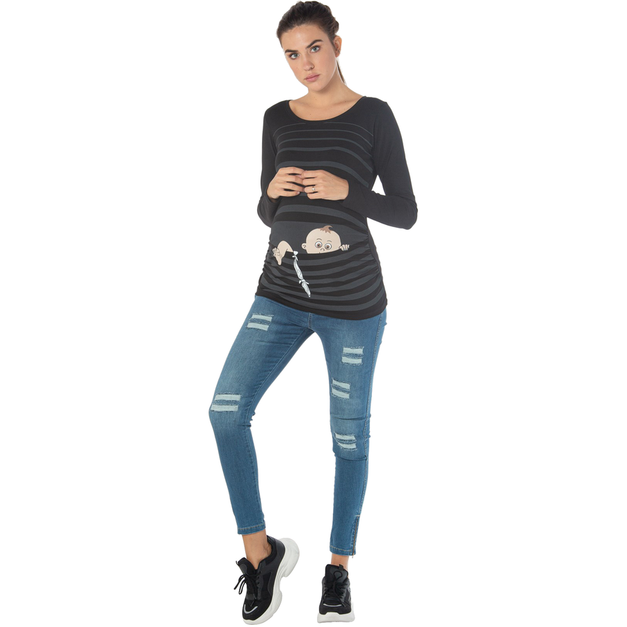 M.M.C. Umstandslangarmshirt Baby Flucht mit Motiv Schwarz