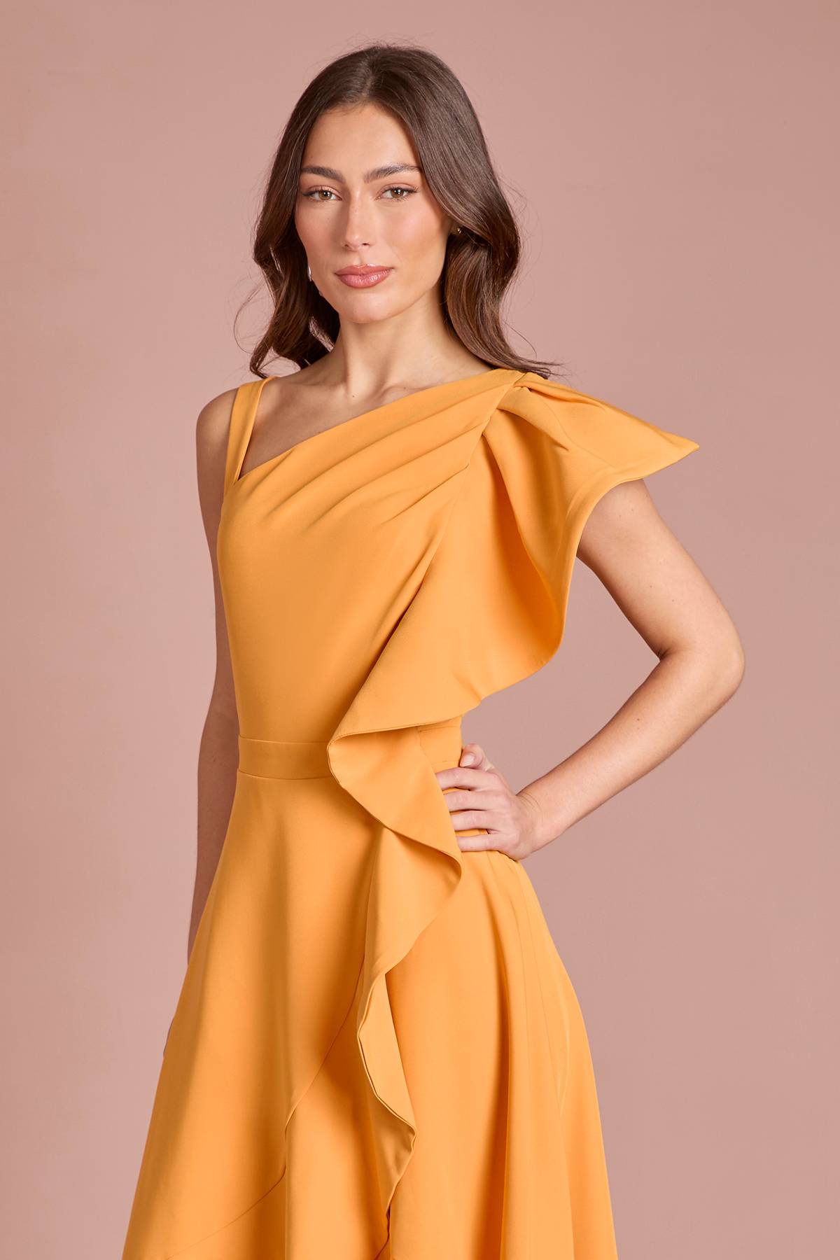 Coast Robe Mi-Longue en Crêpe à Une Épaule avec Volants