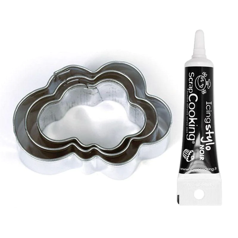 3 mini emporte-pièces en inox Nuages + Stylo de glaçage noir Youdoit