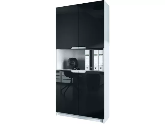 Armoire de rangement avec 5 compartiments et 4 portes, blanc mat/noir haute brillance (82 x 184 x 37 cm)
