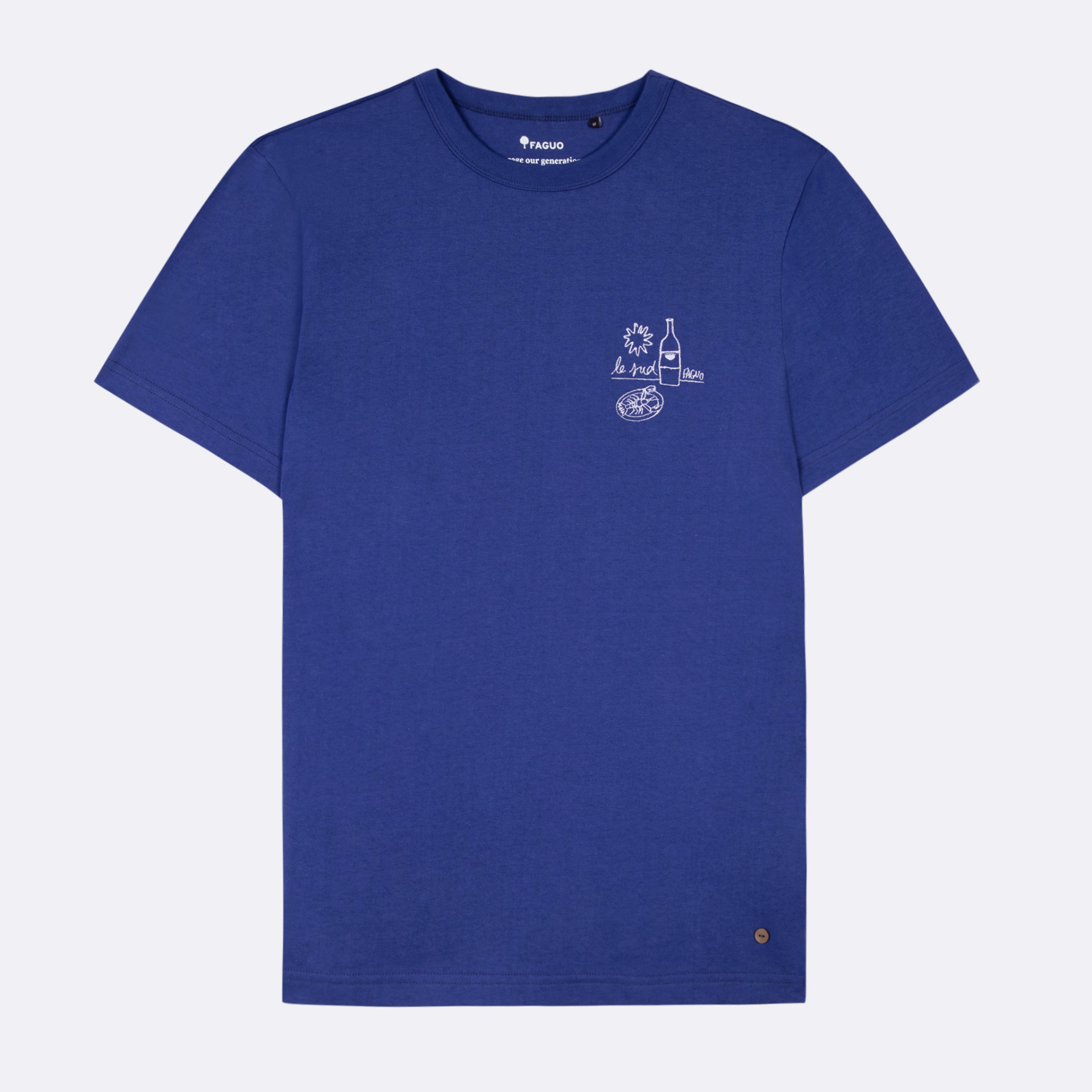 T-shirt bleu indigo broderie le sud coton et coton recyclé - modèle lugny