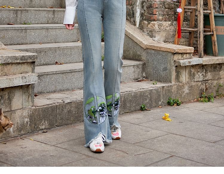 Catamin - High Rise geborduurde gewassen gerafelde kikkerknoopjes flared jeans