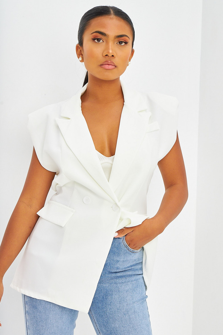 Blazer long à épaulettes sans manches blanc