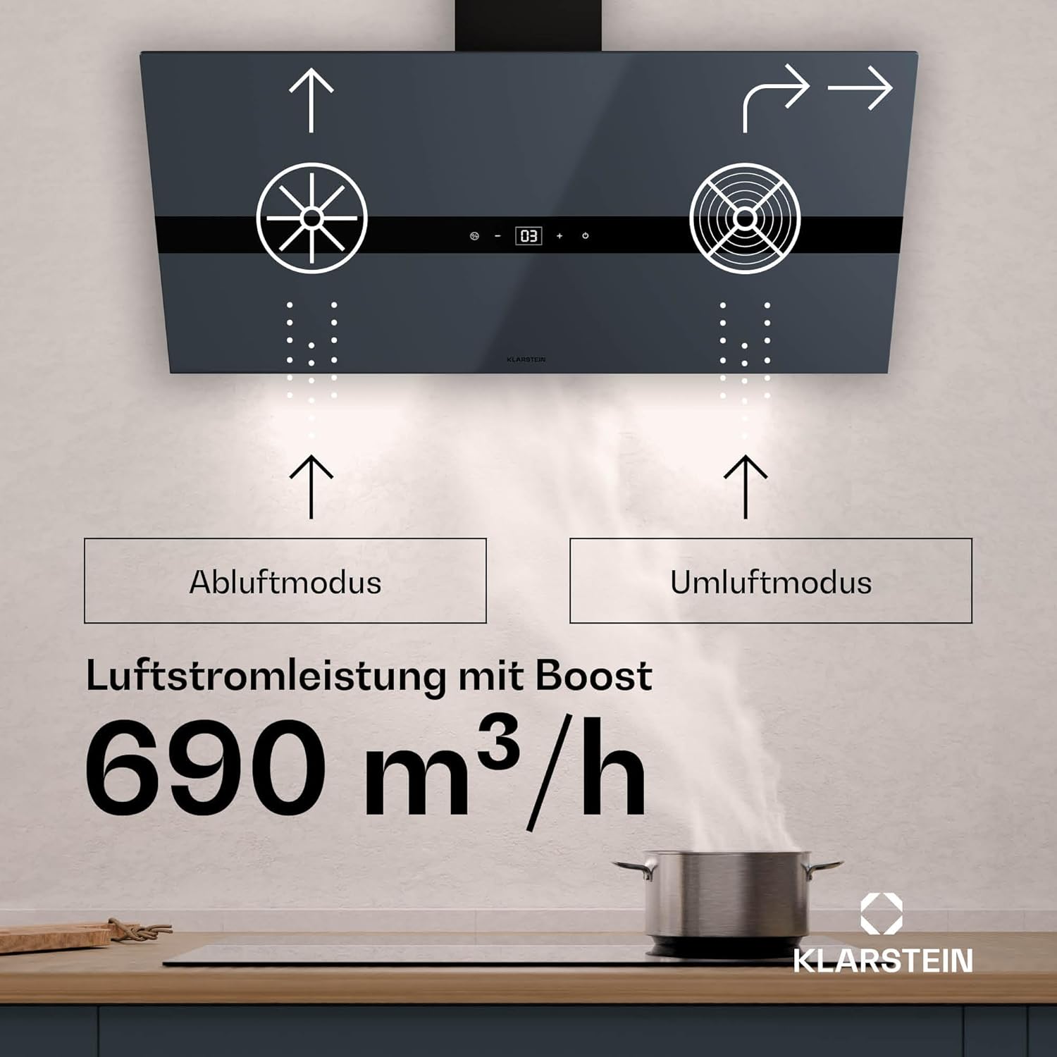 Klarstein WiFusion Dunstabzugshaube - 90 cm Abzugshaube, WLAN-Steuerung, 690 m³/h Luftstrom, A++ Energieeffizienz, LED Beleuchtung, Touch-Bedienfeld, Schwarz, Abluft & Kohlefilter