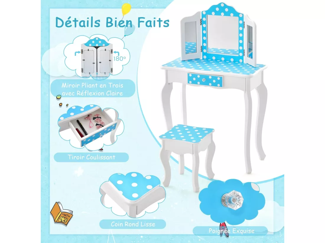 2 en 1 Coiffeuse Enfants Fille avec Miroir Amovible à 3 Volets & Tabouret, Table de Maquillage avec Tiroir & Dispositif Anti-Basculement, Charge 50kg pour Enfants de 3-7 Ans