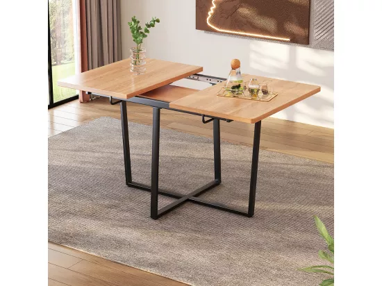 Table de salle à manger extensible convient pour 4-6 personnes pieds de table en métal noir moderne et sobre Chêne clair
