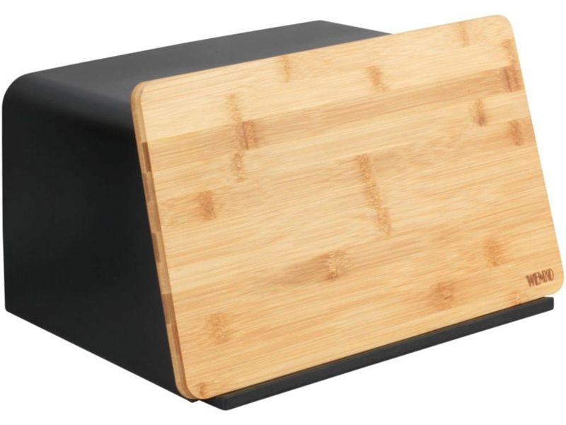 Wenko Brotkasten Kubo Schwarz Brotbox mit integriertem Bambusschneidebrett