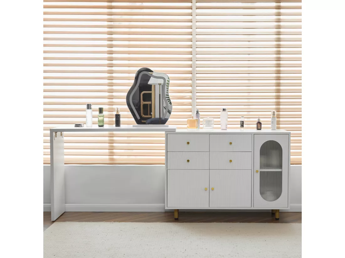 Coiffeuse extensible avec miroir, 4 tiroirs et 3 portes - 100 x 40 x 74.5 cm - Panneau de particules - LEDs - Blanc (sans tabouret)