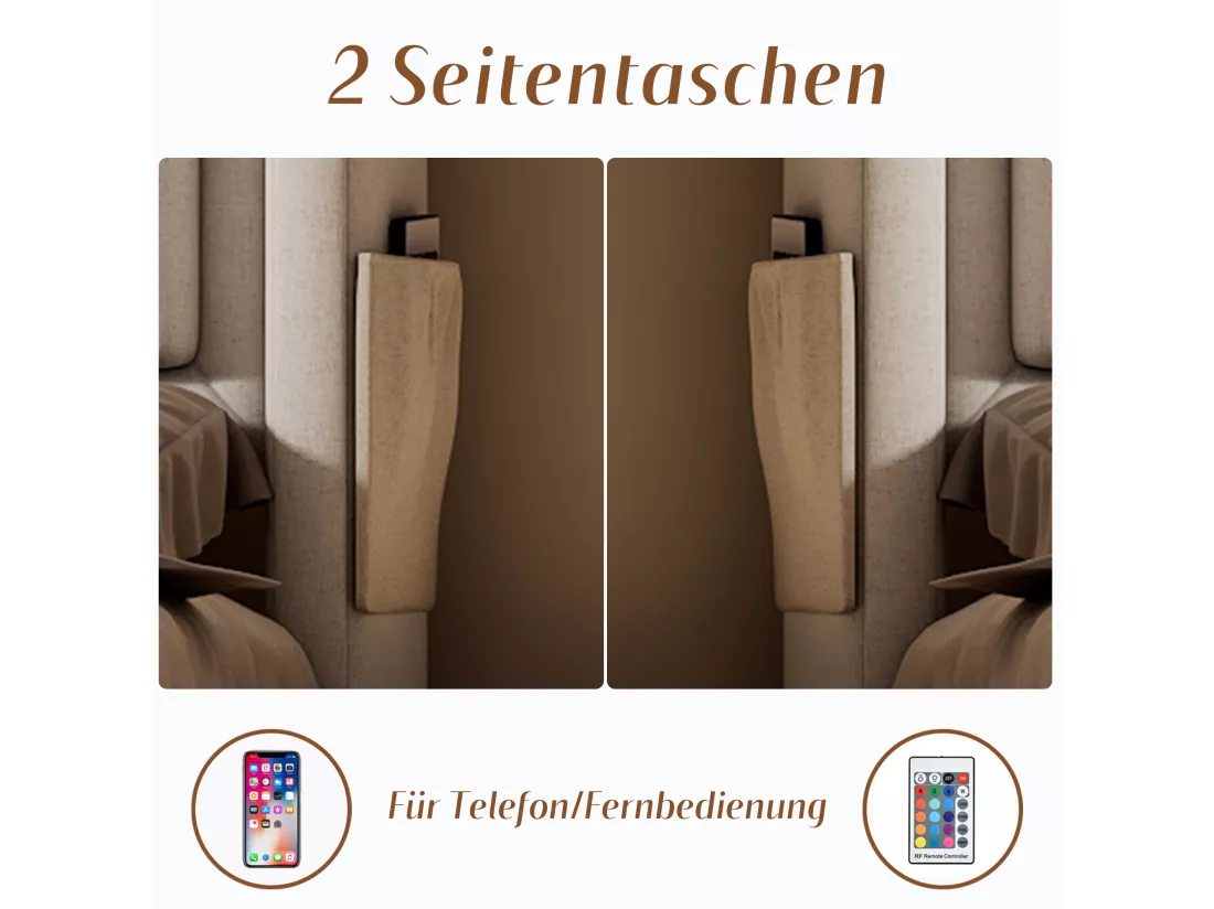 Lit coffre 90 x 200 cm avec tête de lit LED, prise USB Type-C - Tissu en coton - Beige (sans matelas)