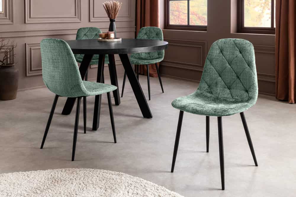 Stilvolles 2er-Set Stühle GLAMM grün Chenille Cremona schwarze Metallbeine
