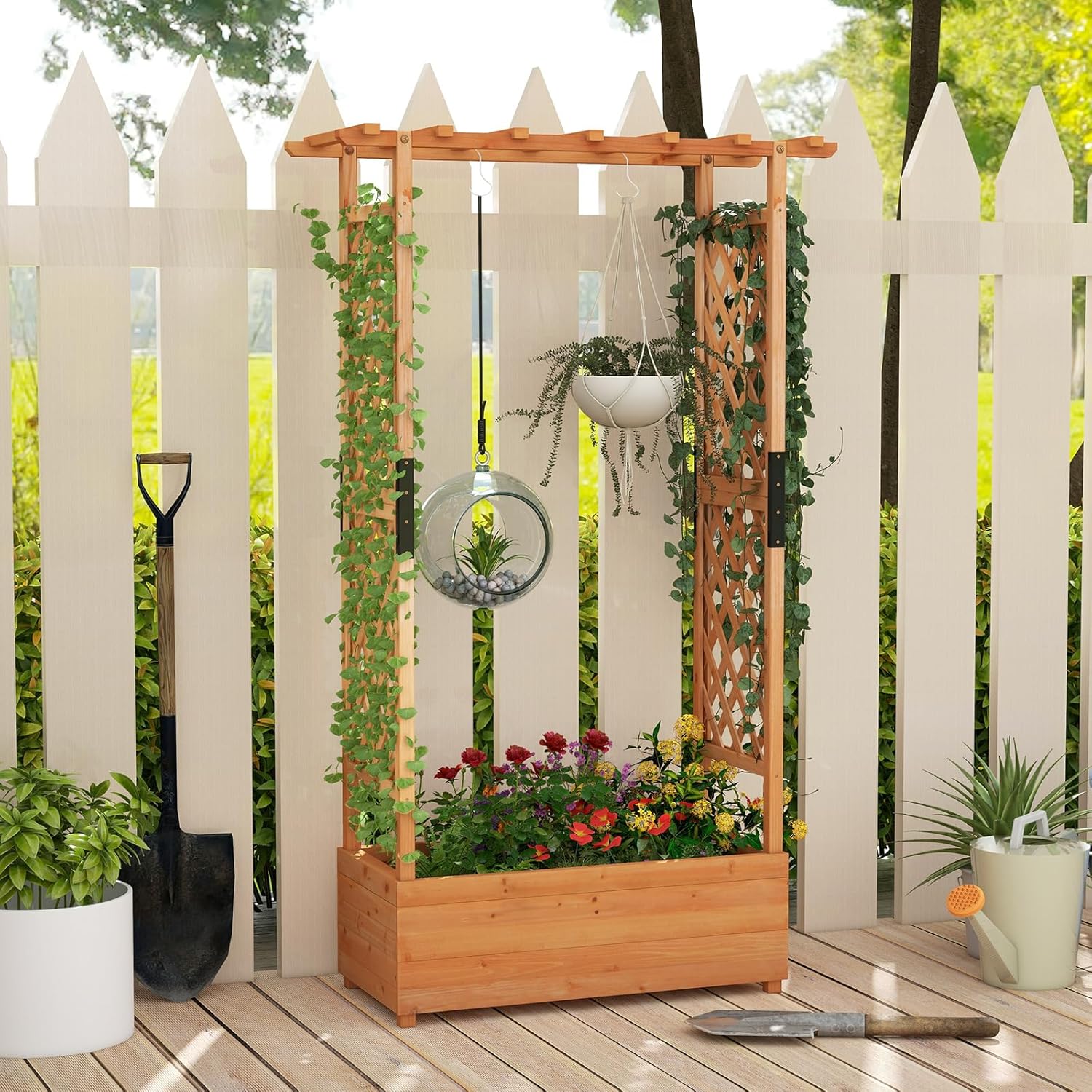 COSTWAY Hochbeet mit Rankgitter & hängendem Dach, Pflanzkasten mit Rankhilfe, Blumenkasten für Kletterpflanzen & hängende Körbe, für Hof Garten Terrasse, Pflanzgefäß aus Holz, Orange (110x44x182cm)