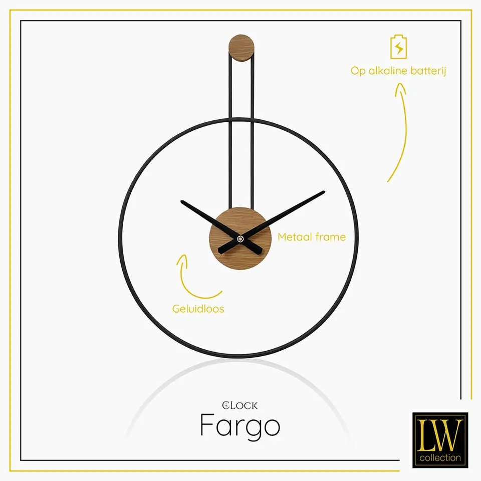 LW Collection Wandklok Fargo zwart 55cm