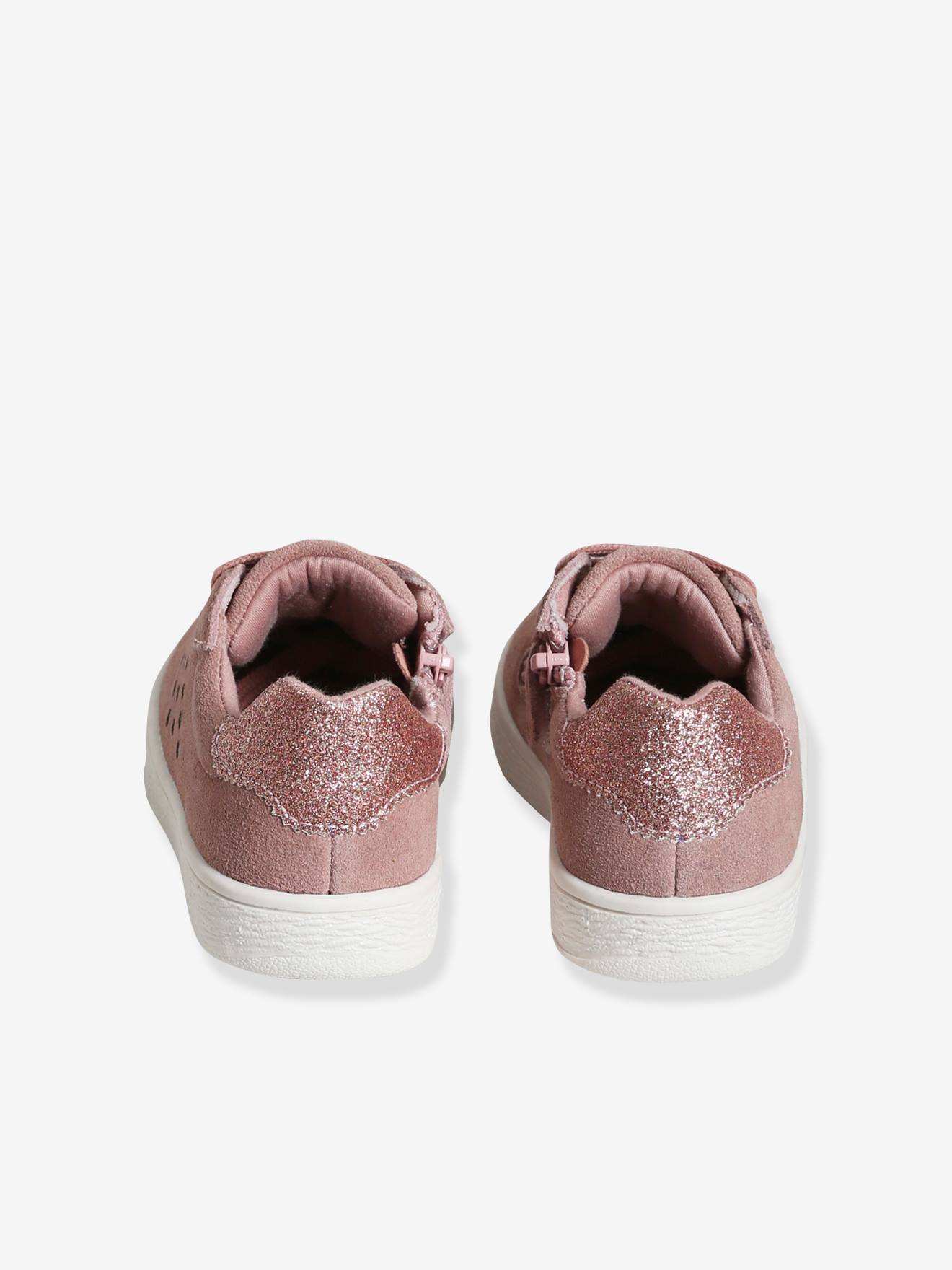 Tênis de couro com cadarços e zíperes com glitter, rosa médio liso para meninas.