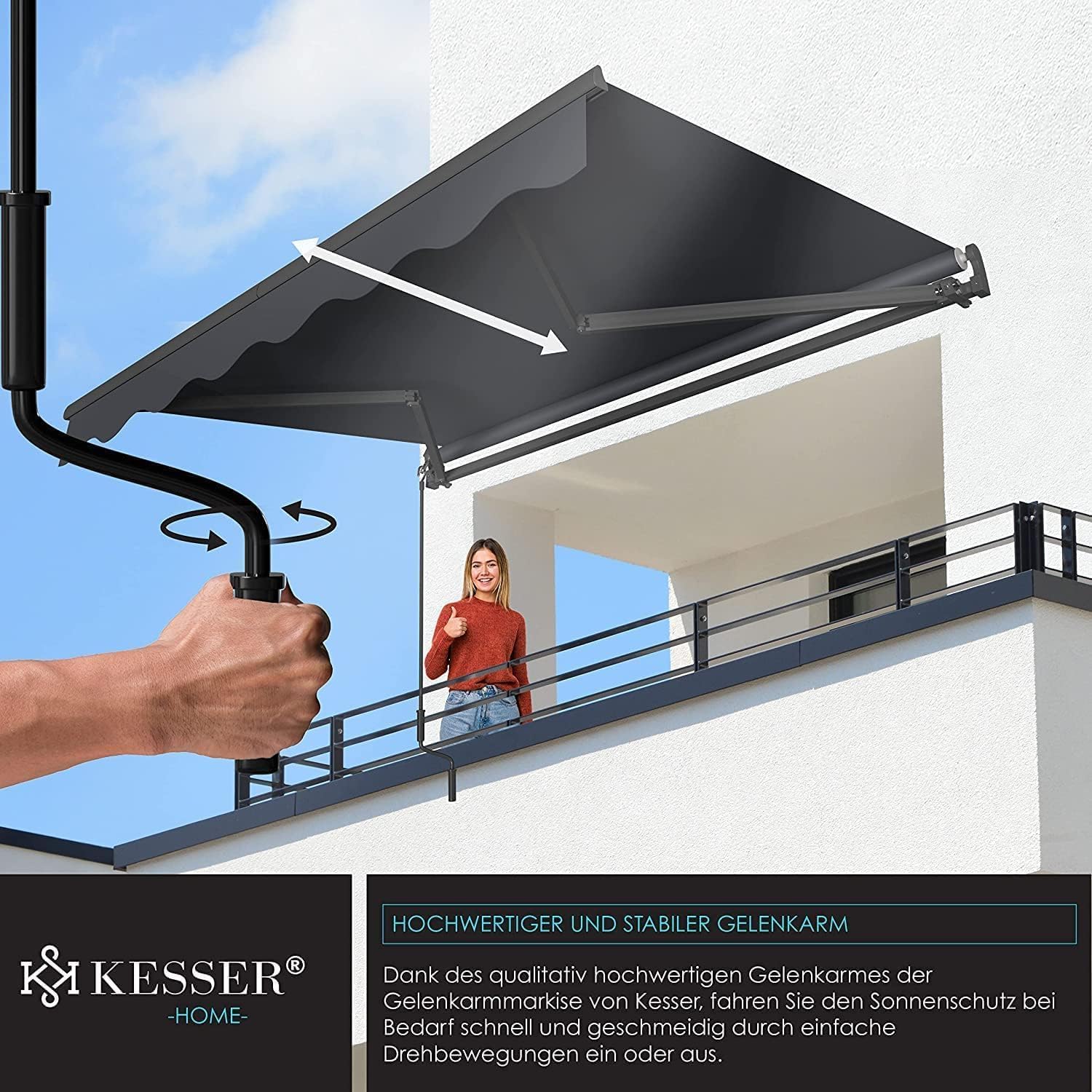 KESSER® Gelenkarmmarkise Markise Gelenkmarkise 300 x 250cm Terrassenmarkise Klemmmarkise Sonnenmarkise inkl. Wandhalterung Sonnenschutz Balkonmarkise wasserabweisend Alu/Polyester, Anthrazit