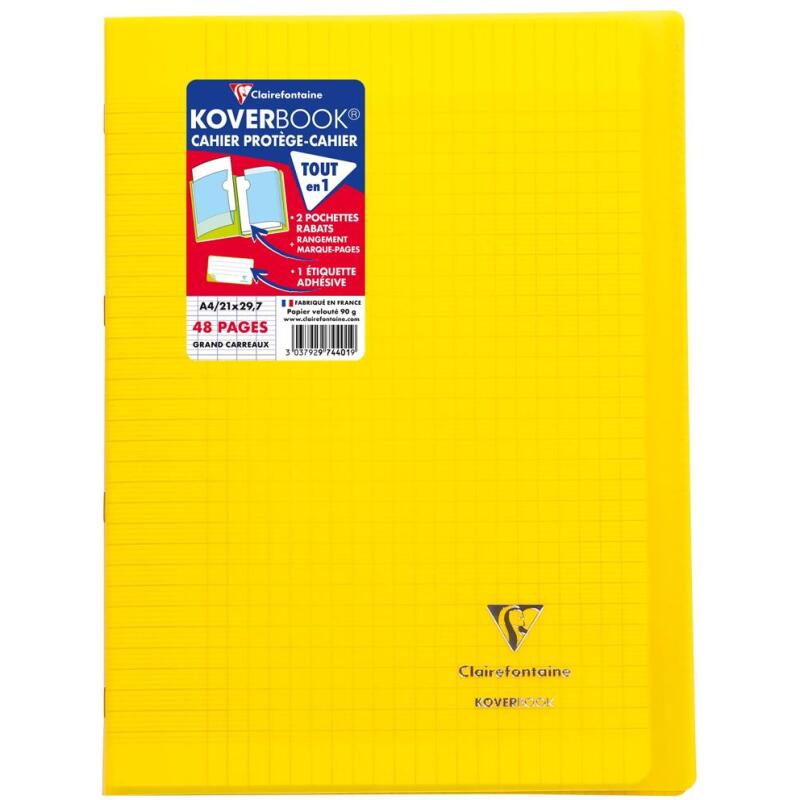 Cahier piqué Koverbook A4 48 pages grands carreaux couverture polypropylène transparent - Assortis
