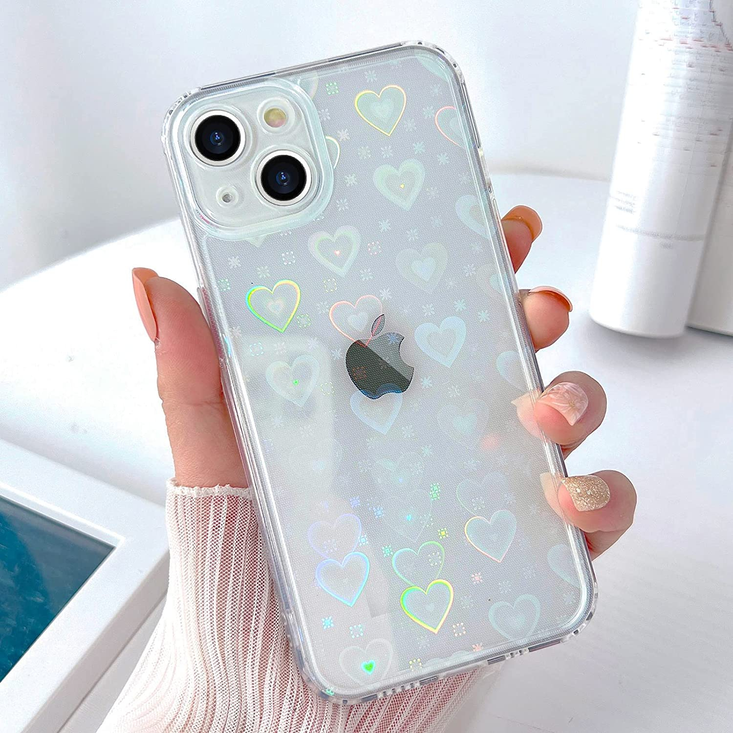 iPhone 13 Hybrid Hülle TPU Bumper   Laser Hologramm Glitzer Herze - Transparent