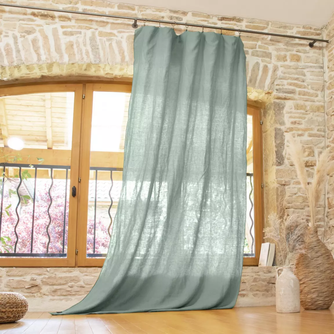 Rideau lin lavé ajustable (140 x max 270 cm) Louise Vert eucalyptus