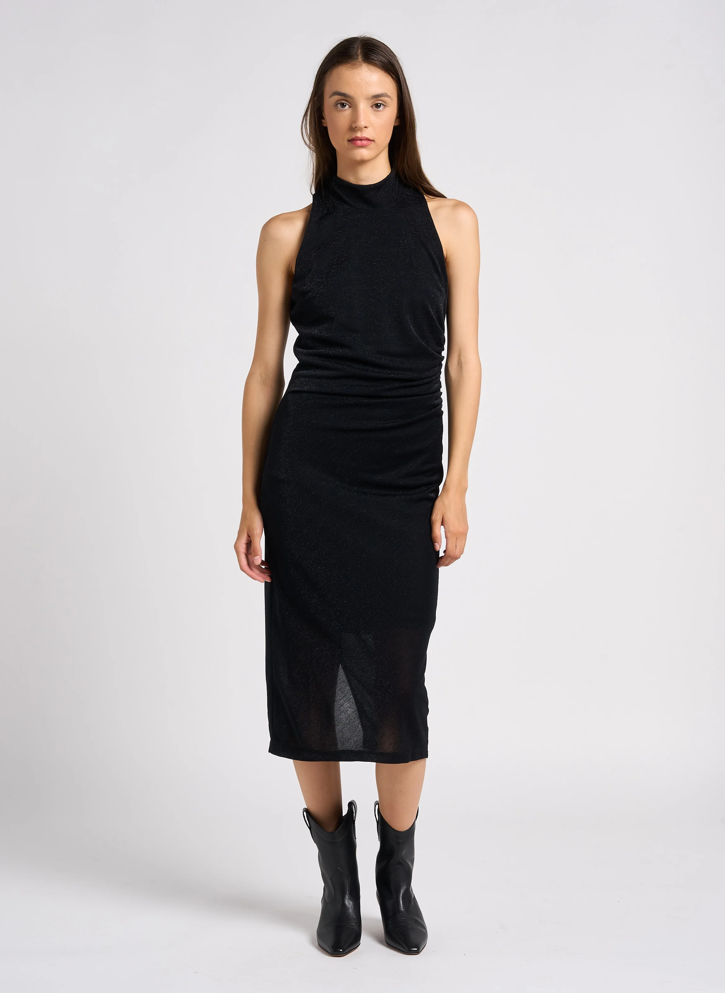 Robe midi ajustée col montant pailletée | Noir