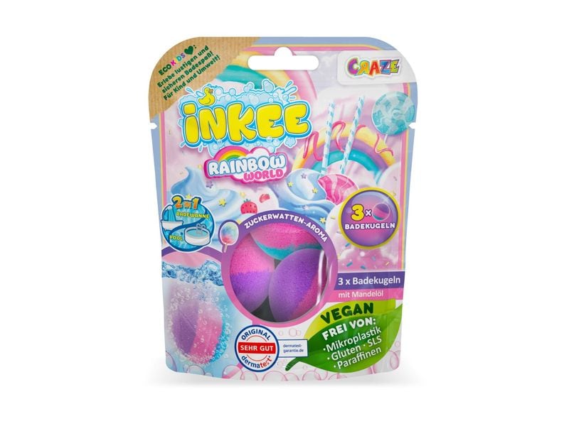 Craze Badekugel Inkee Rainbow World 3 Stück Überraschungs-Badebomben für farbenfrohe Schaumbäder