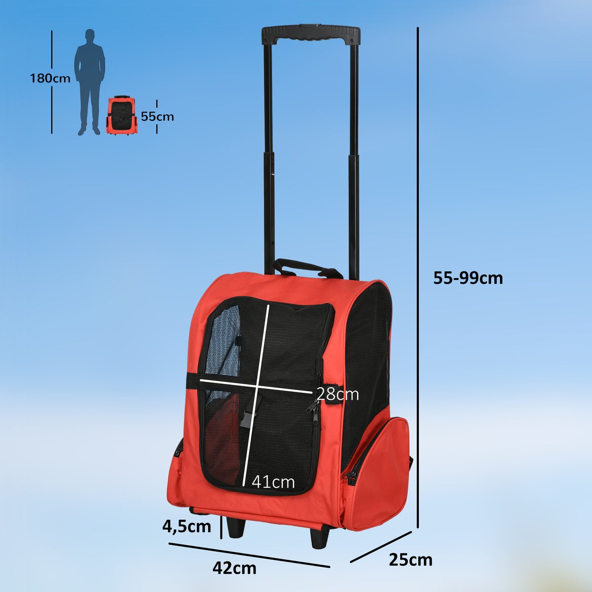 PawHut draagtas, L 42 x B 25 x H 55 cm, Oxford-stof, staal, rood + zwart