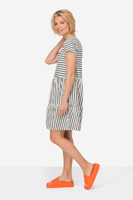 Jersey-Kleid, A-Line, Ringel, Rundhals, Volants, Halbarm, OEKO-TEX Made in Green