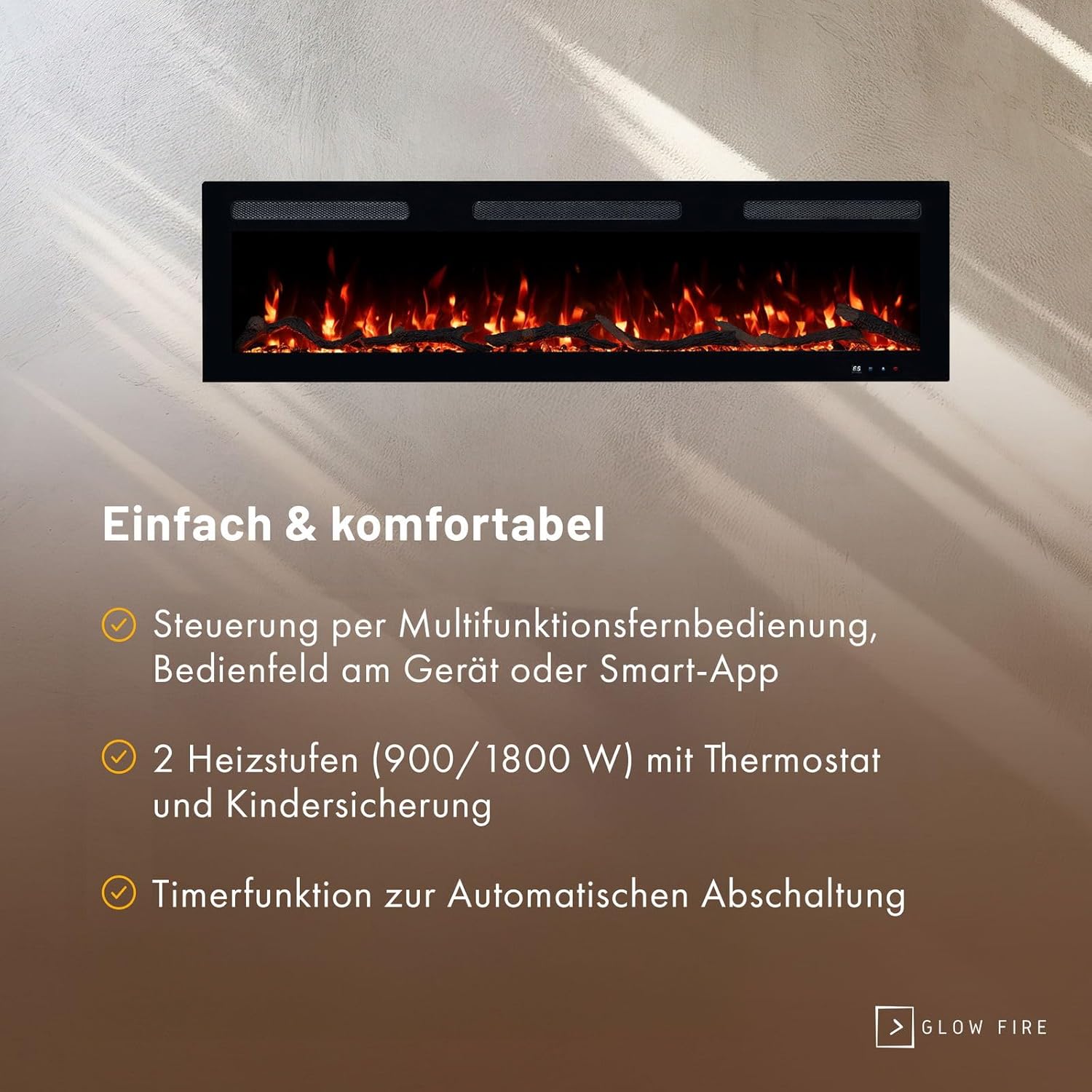 GLOW FIRE Elektrokamin Inside 127 mit realistischem 3D LED-Feuer - Wand-Elektrokamin mit Heizung und Kaminfeuer, App Steuerung, Knistereffekt & Timer, max. 1800 W, 127x35x12cm
