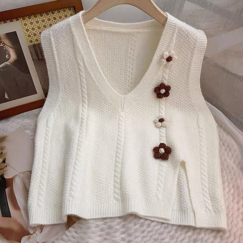 FR - V-hals bloemengebreid vest