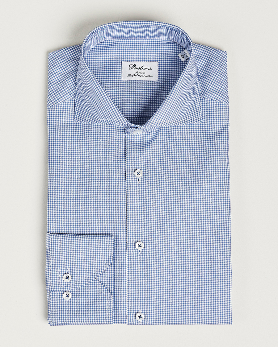 Stenströms Slimline Small Check Cut Away Shirt Blue