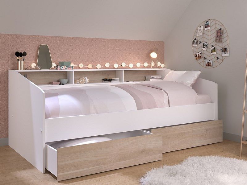 Lit banquette couchage 90x200 avec tiroirs et niches Sleep