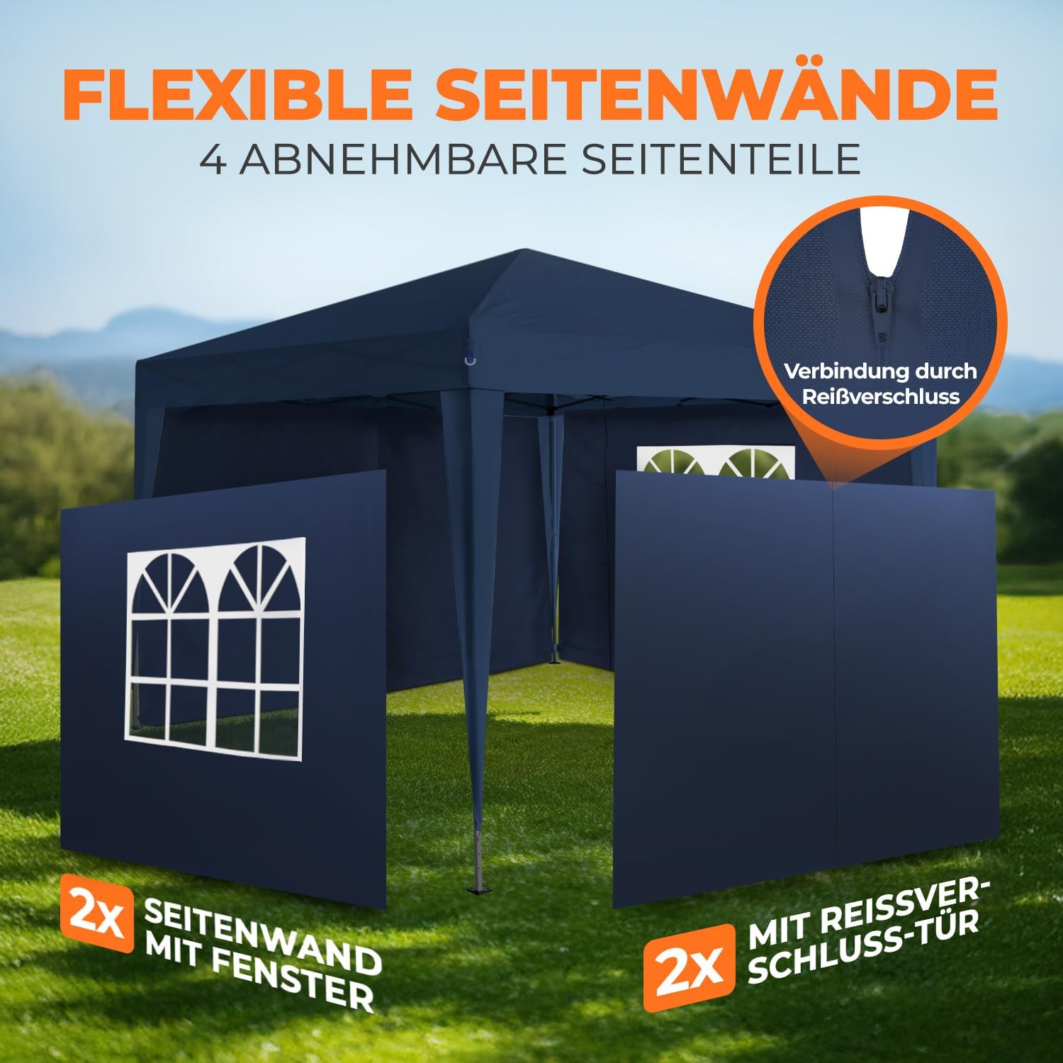 Kronenburg Faltpavillon wasserdicht Dachmaß 2 x 2 m UV Schutz 50+ Pavillon in Blau mit 4 Seitenteilen