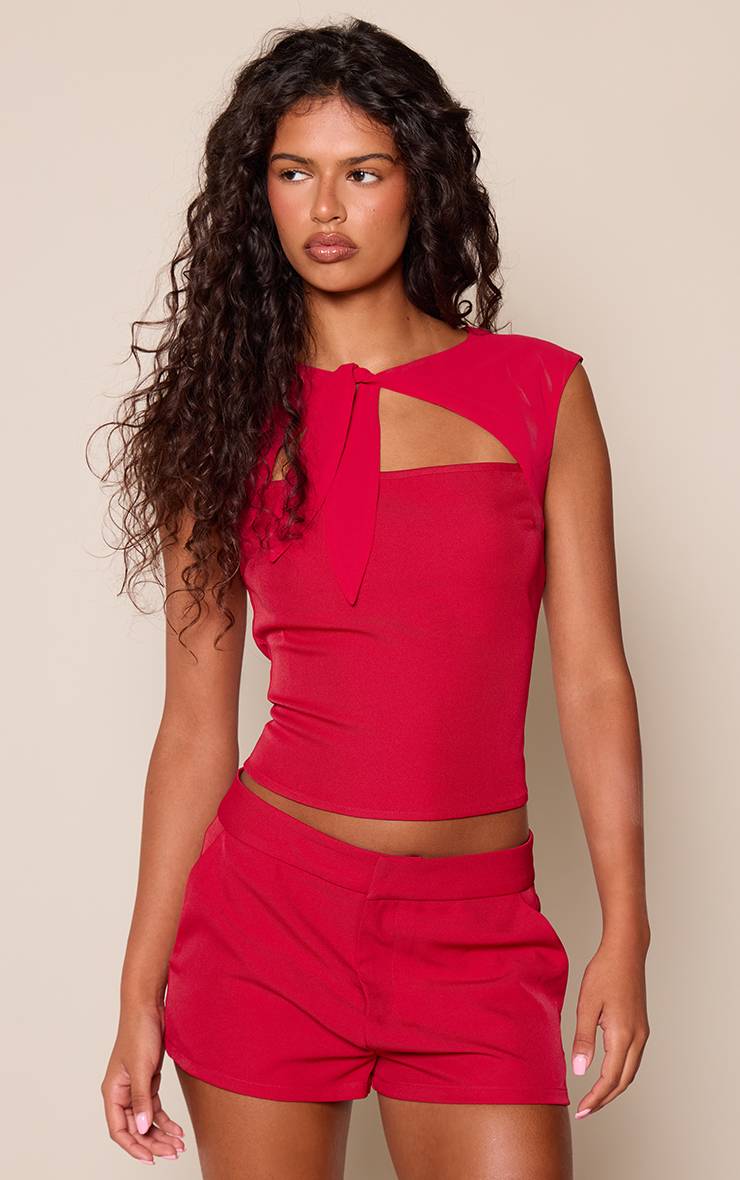 Rouge Ensemble Coordonné Short Tissé Taille Mi-haute