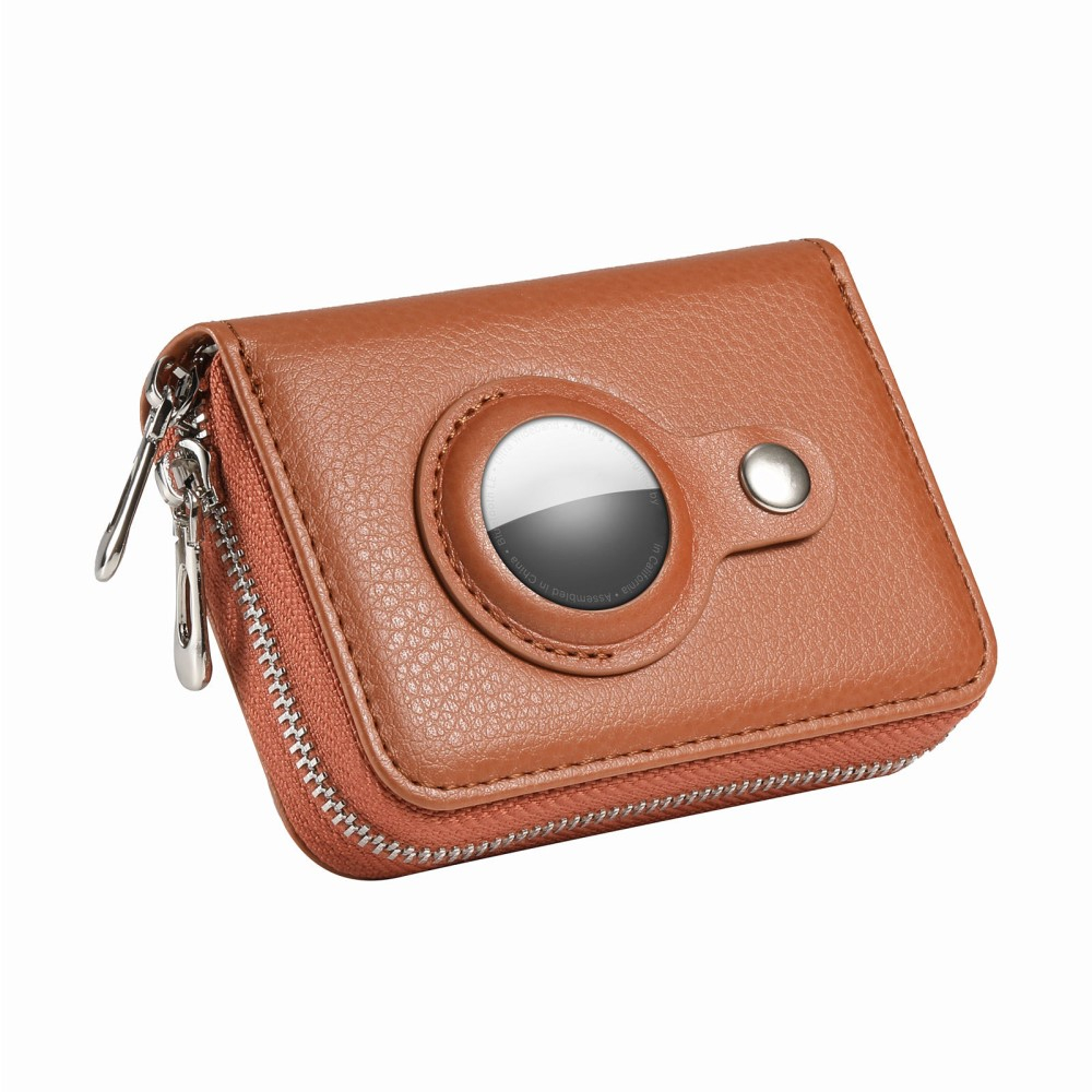 (12.7x11.1x3.6cm) Apple AirTag Wallet Mini Kreditkarten Portemonnaie Leder Etui Geldbörse Litchi Look  (RFID Schutz) - Braun