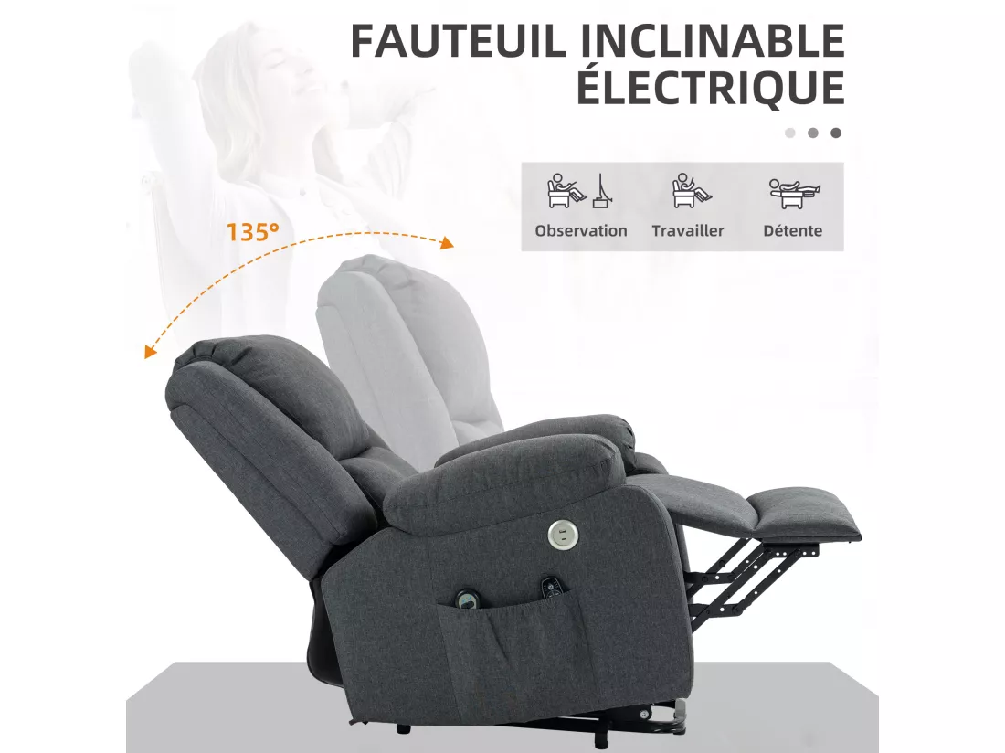 Fauteuil releveur relax massant électrique réglable - fonction chauffante, repose-pied, ports USB, télécommandes - tissu gris