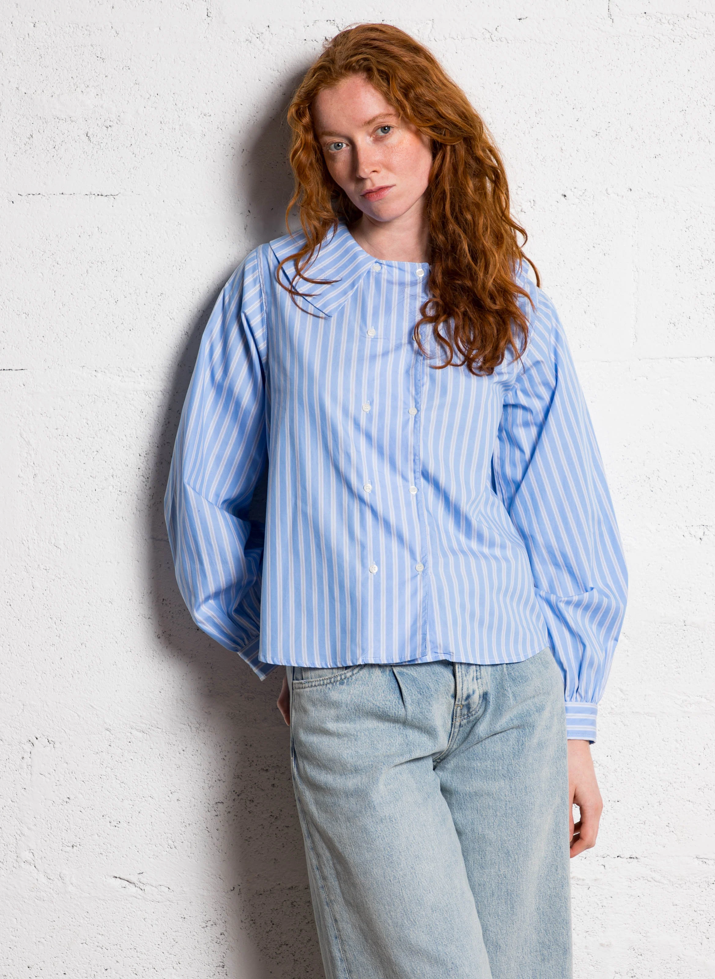 Chemise droit rayée en coton| Bleu