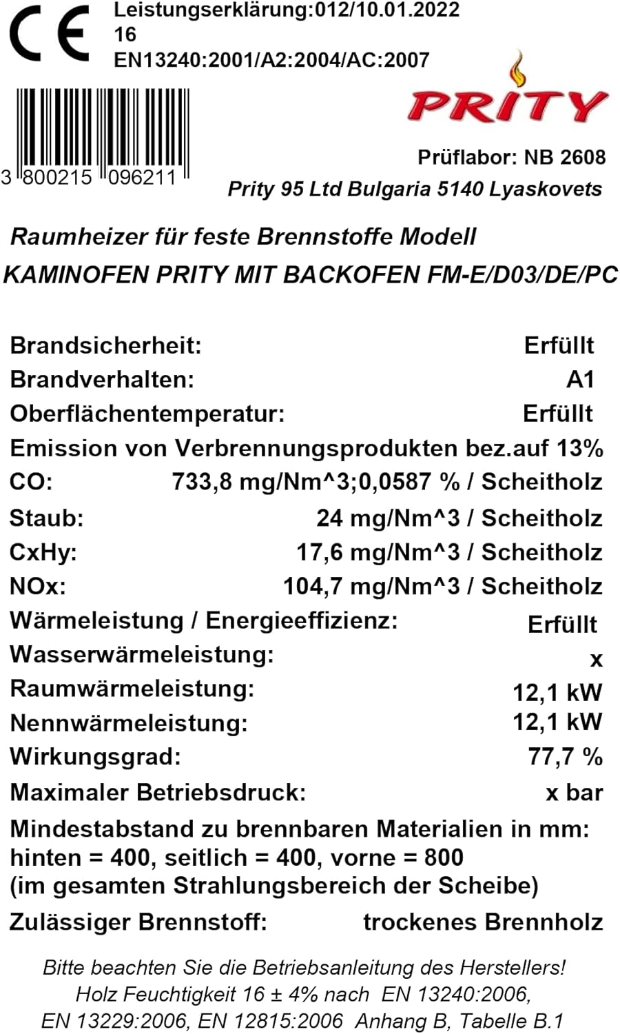 Holzofen Kamin Prity FM E, 12 KW