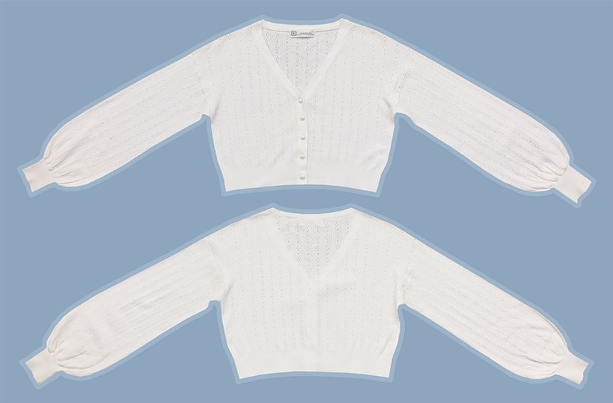 Glotto - V-hals effen pointelle gebreide cropped cardigan