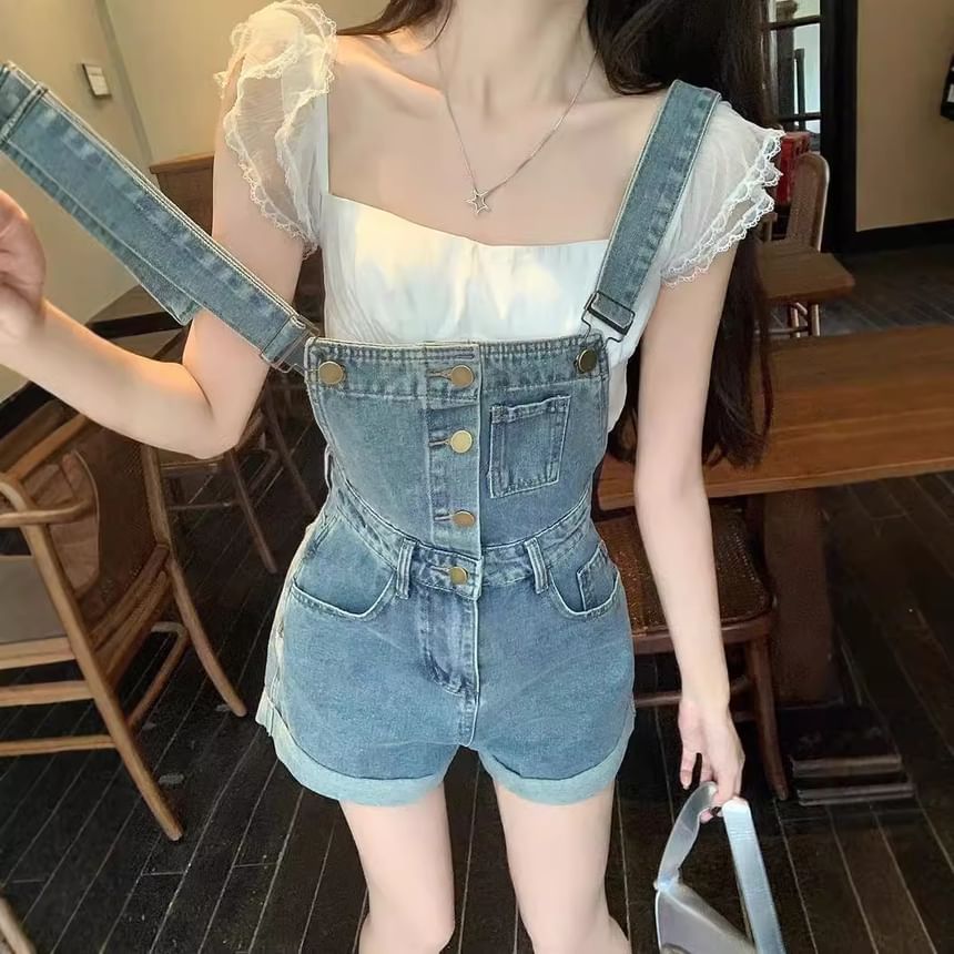 Kloitrinm - Gewassen denim korte broek met wijde pijpen en halve knopen