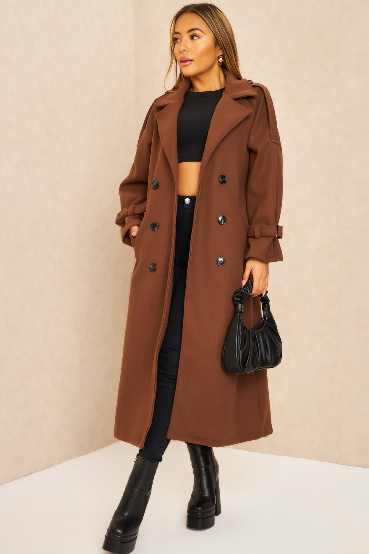 Manteau long duveteux style trench marron