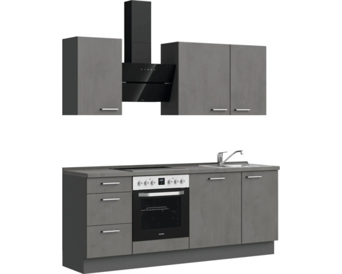 NOBILIA keukenblok met apparatuur, industriële stijl, 210 cm, beton leigrijs mat, voorgemonteerd, linker uitvoering, 4004539018679