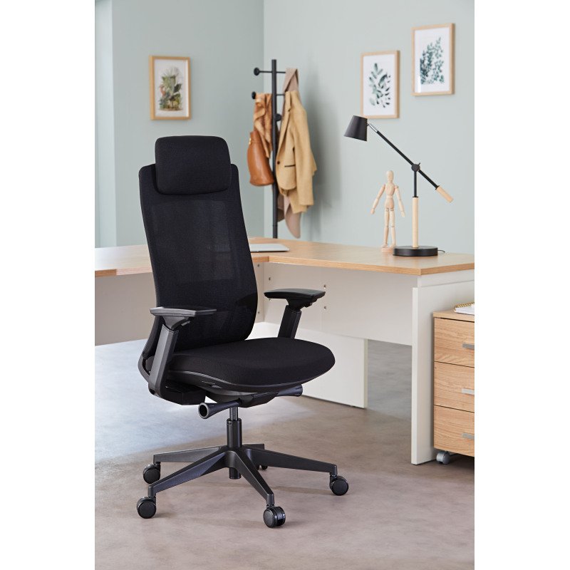 Chaise de bureau MARCUS tissu et maille - avec accoudoirs, appui-tête, réglage profondeur d'assise et soutien lombaire - Mécanisme Synchrone - Pieds noir