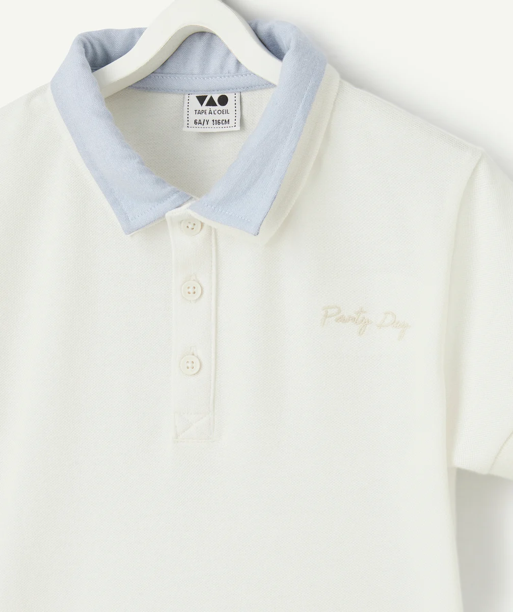 polo manches courtes garçon en coton bio effet 2 en 1 blanc et bleu