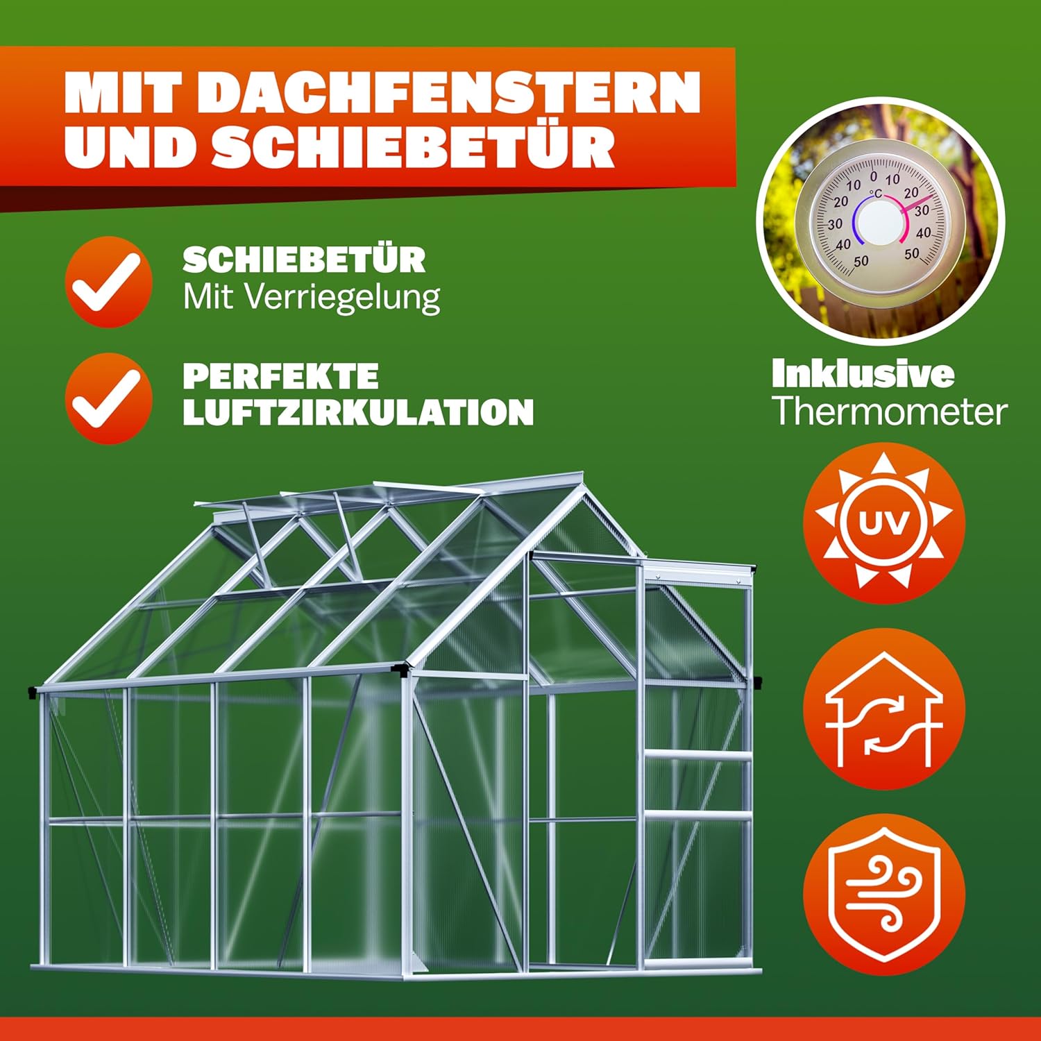 GARDEBRUK® Gewächshaus Aluminium 4,8m² 250x190cm inkl. 2 Dachfenster Tomatenhaus Treibhaus Anzuchthaus Garten Frühbeet Pflanzenhaus Aufzucht 7,63m³
