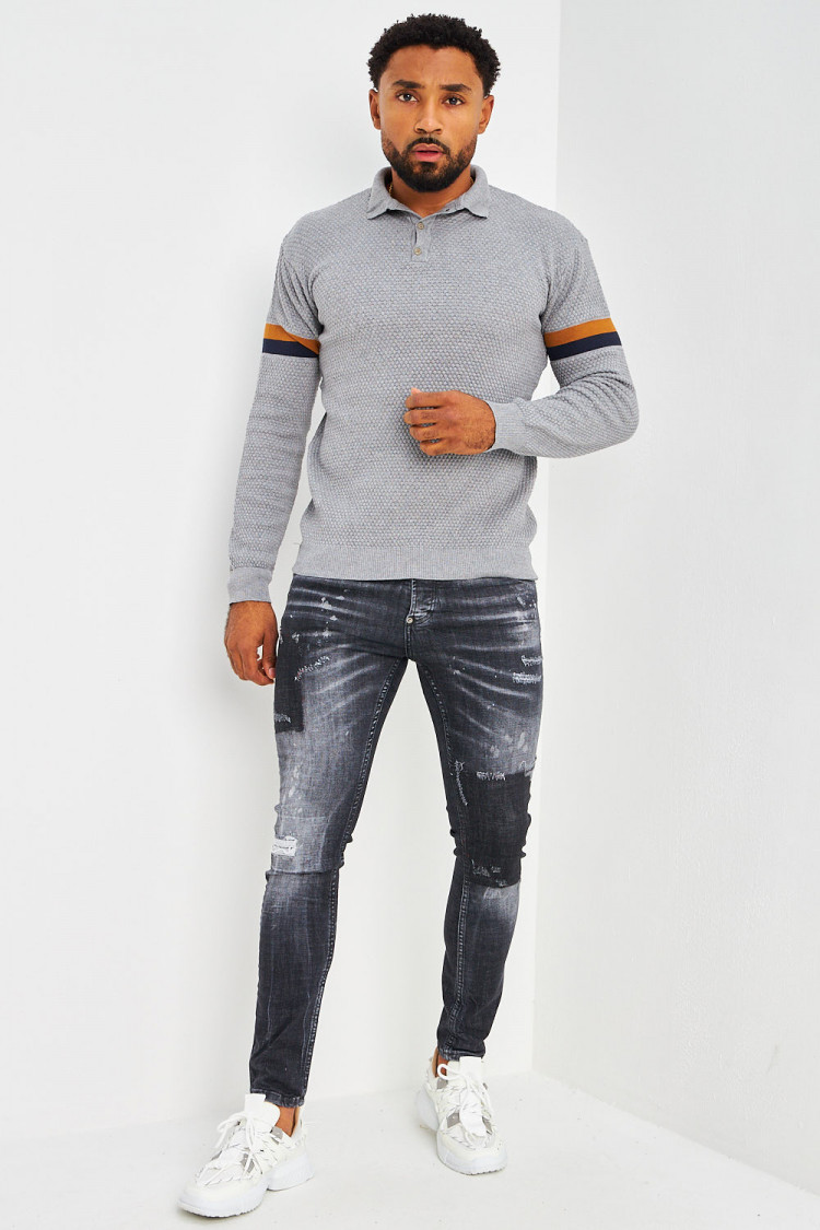 Polo gris en maille à relief manches longues à bandes