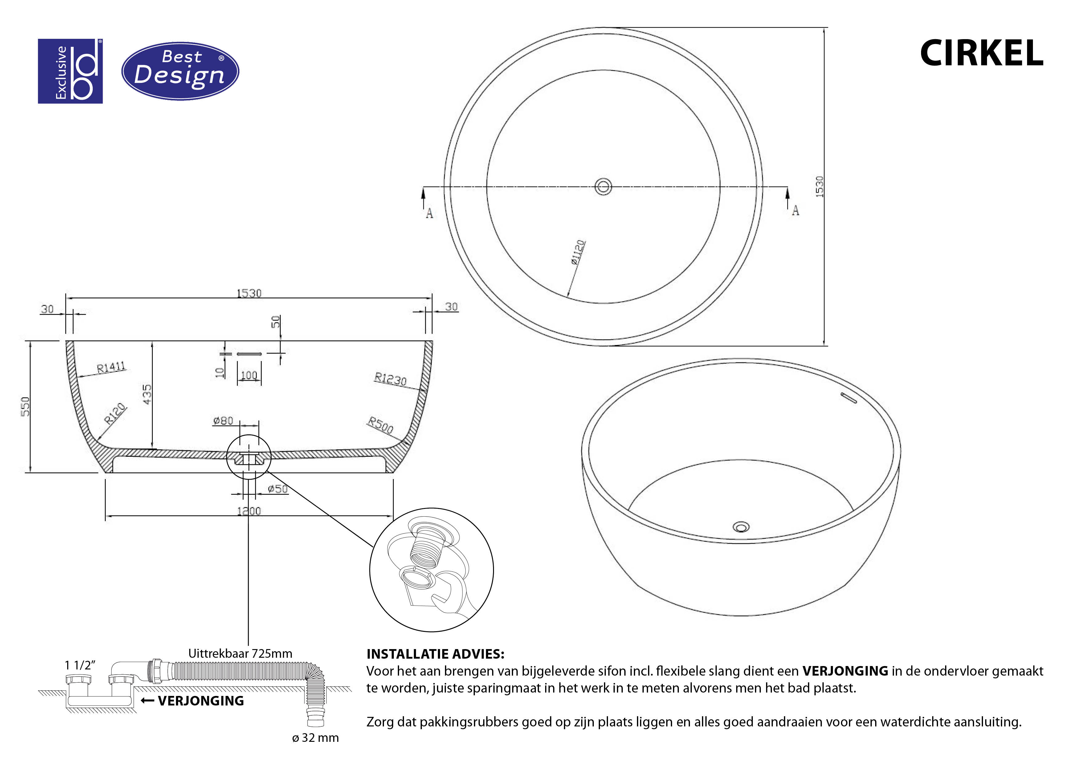 Best Design Cirkel vrijstaand bad 153cm mat wit