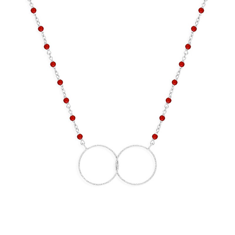 Collier Argent Rhodié Double Rond Et Pierre Rouge