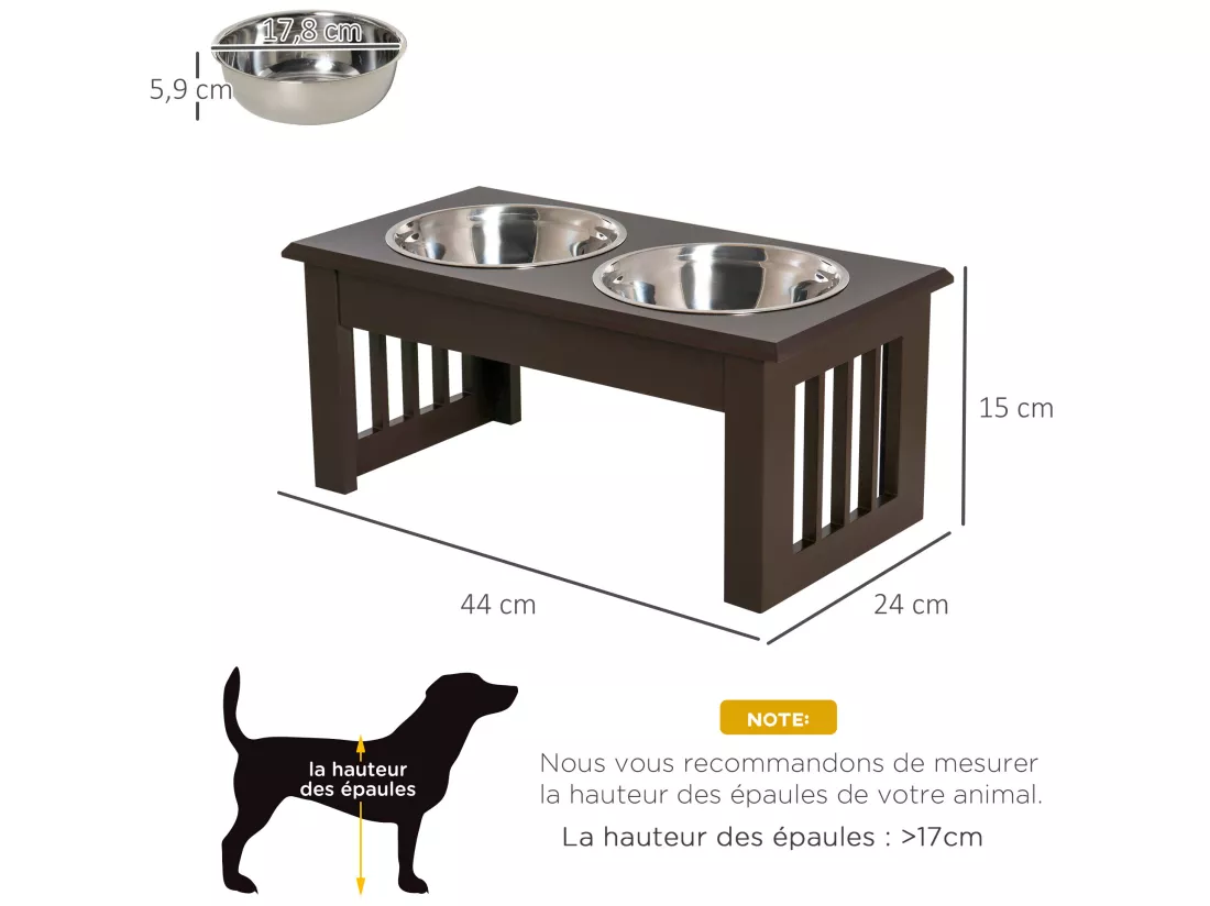 Gamelle double chien chat Porte-gamelles surélevé dim. 44L x 24l x 15H cm 2 gamelles acier inox. incluses MDF marron