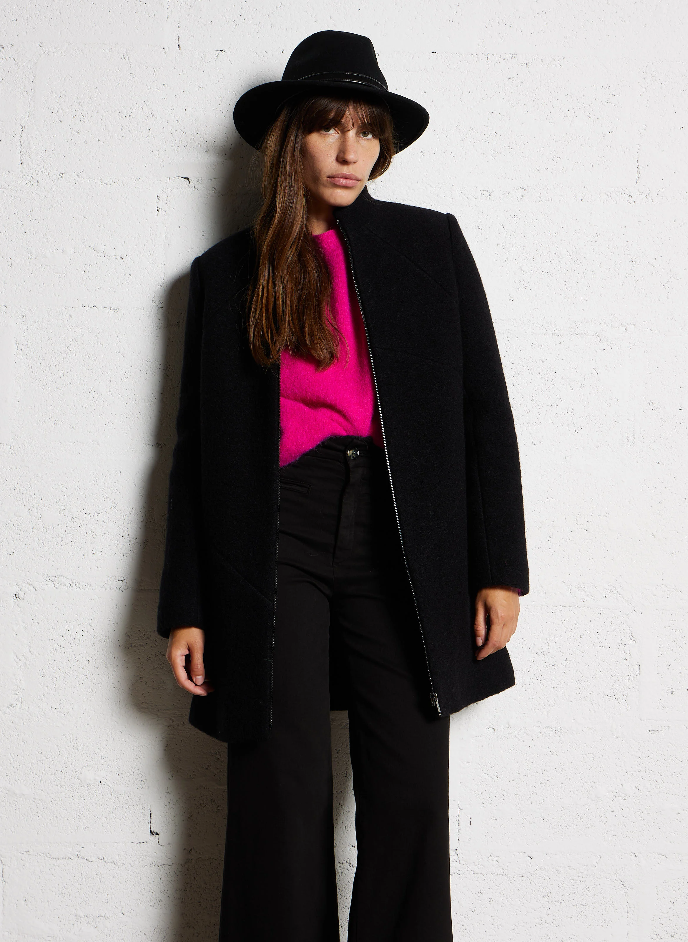 DOFFEN - Manteau ample col montant en laine mélangée | Noir