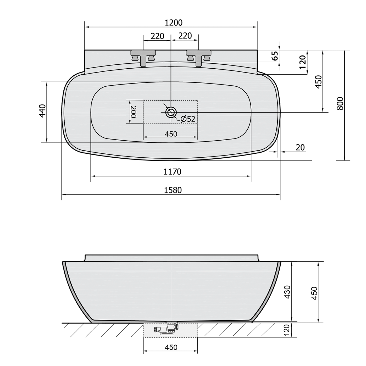 Polysan Nigra half-vrijstaand ligbad 158x80x45cm wit