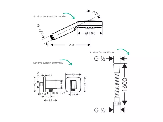 Colonne douche thermostatique HANSGROHE Ecostat Square Douche de tête Vernis Shape Flexible Metaflex Douchette Crometta chromé